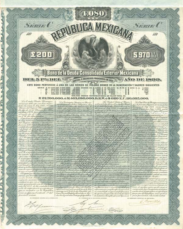 Mexicana Grey Republica Mexicana, Deuda Consolidada Exterior Del 5% de 1899 dated, £200 British Pounds, $970 US GOLD